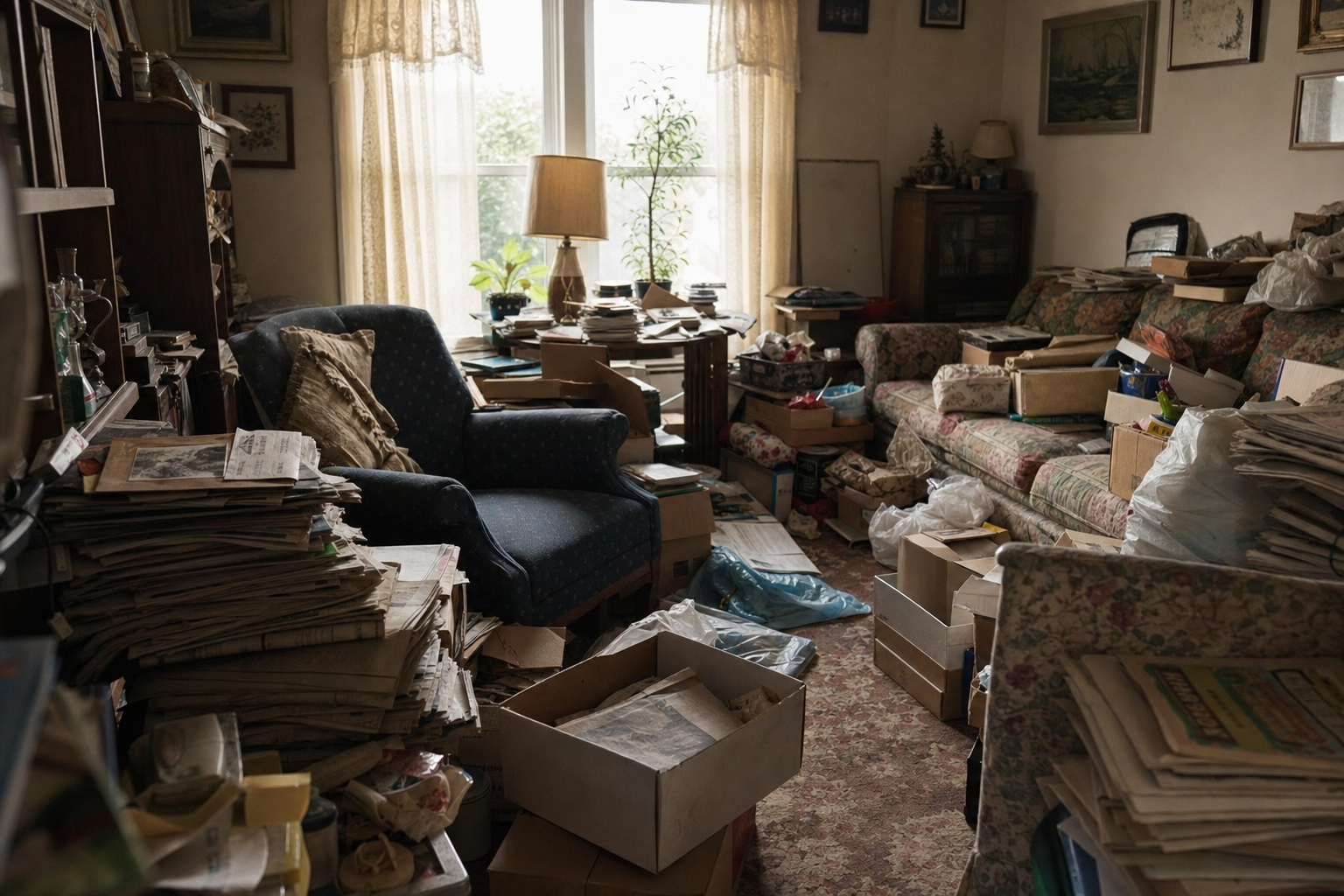 Cluttered living room before Junk Raider hoarder cleanup in Charlotte