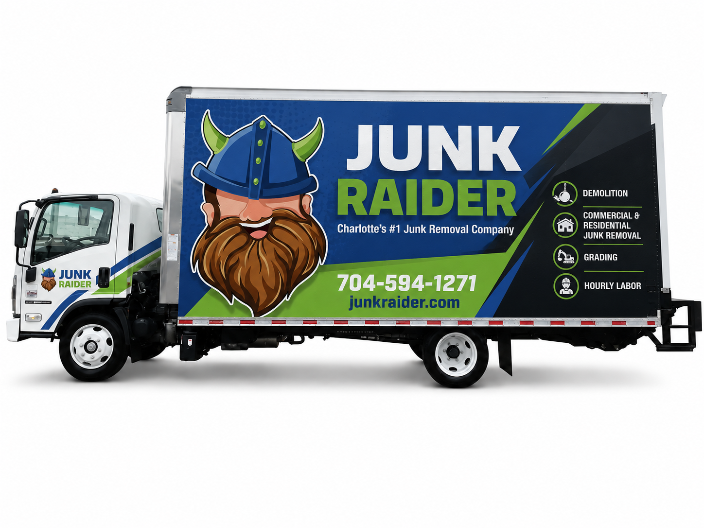 Junk Raider branded 20-ft box truck — Charlotte's biggest junk removal company