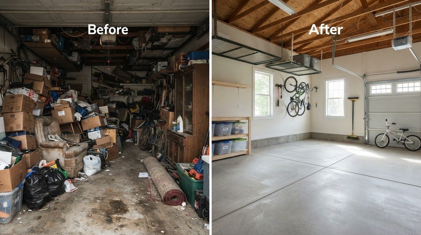 Before and after garage cleanout by Junk Raider