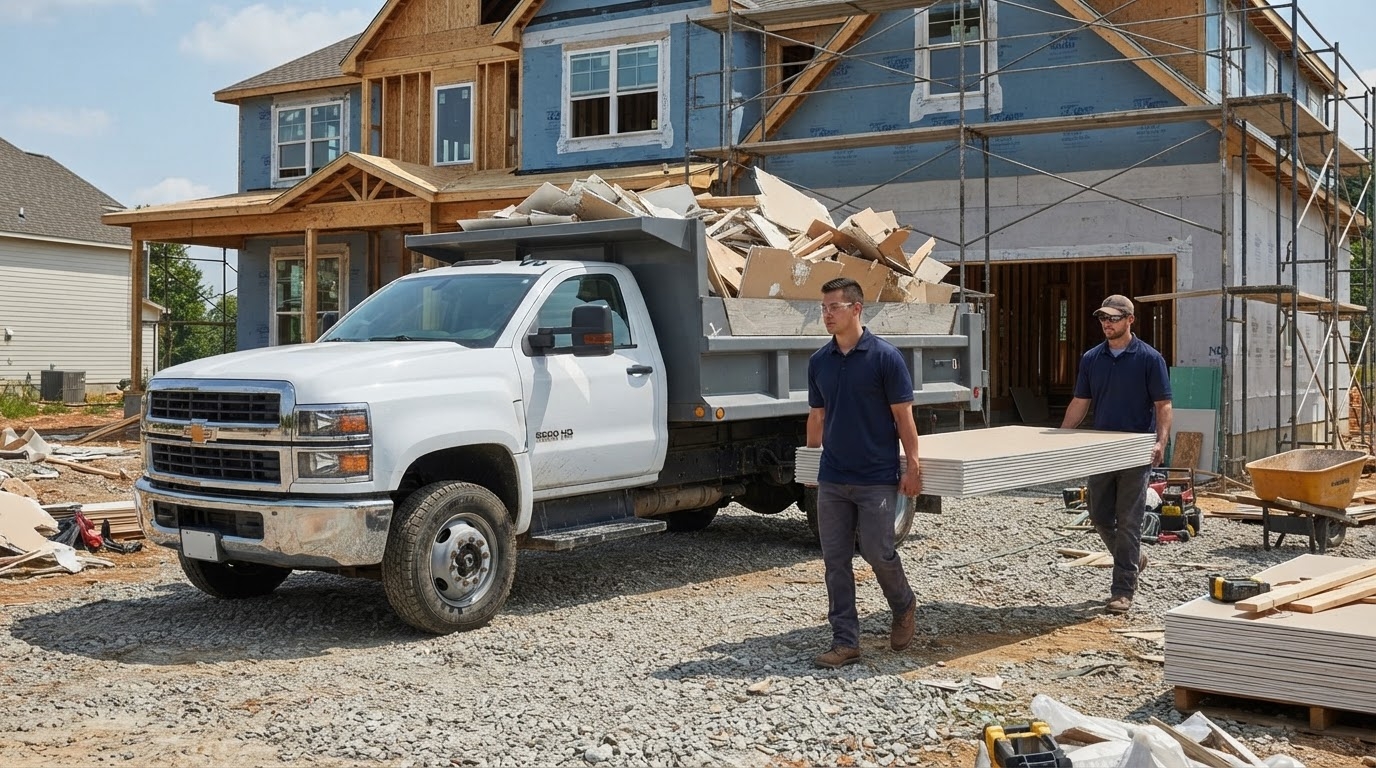 Junk Raider dump truck loaded with construction debris at a Charlotte job site