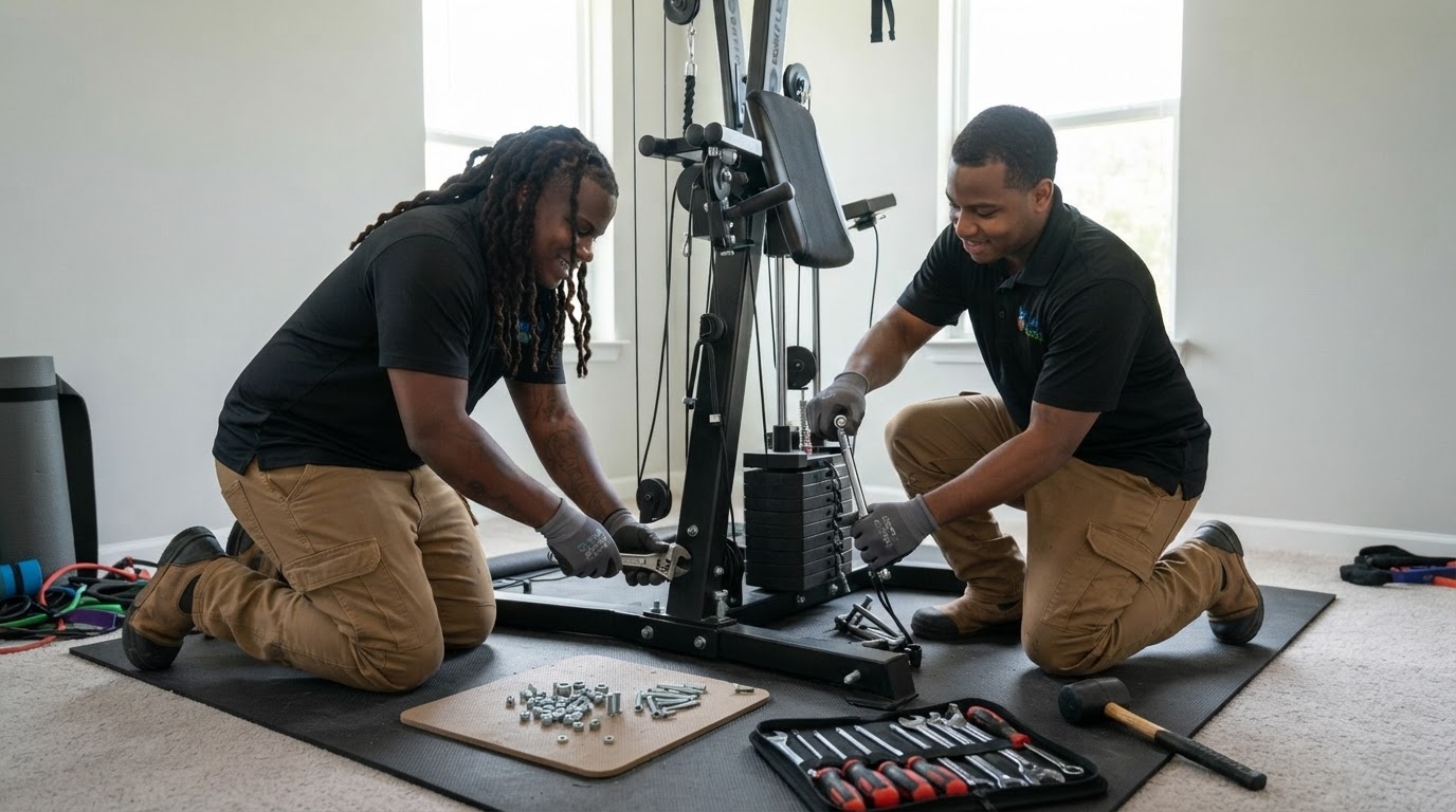 Junk Raider crew disassembling a multi-station home gym in Charlotte, NC