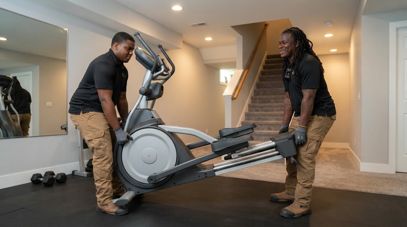 Junk Raider crew carrying an elliptical machine out of a Charlotte basement home gym