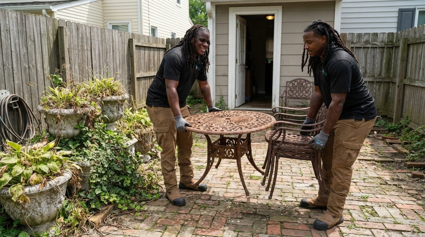 Junk Raider crew handling outdoor furniture removal in Charlotte, NC