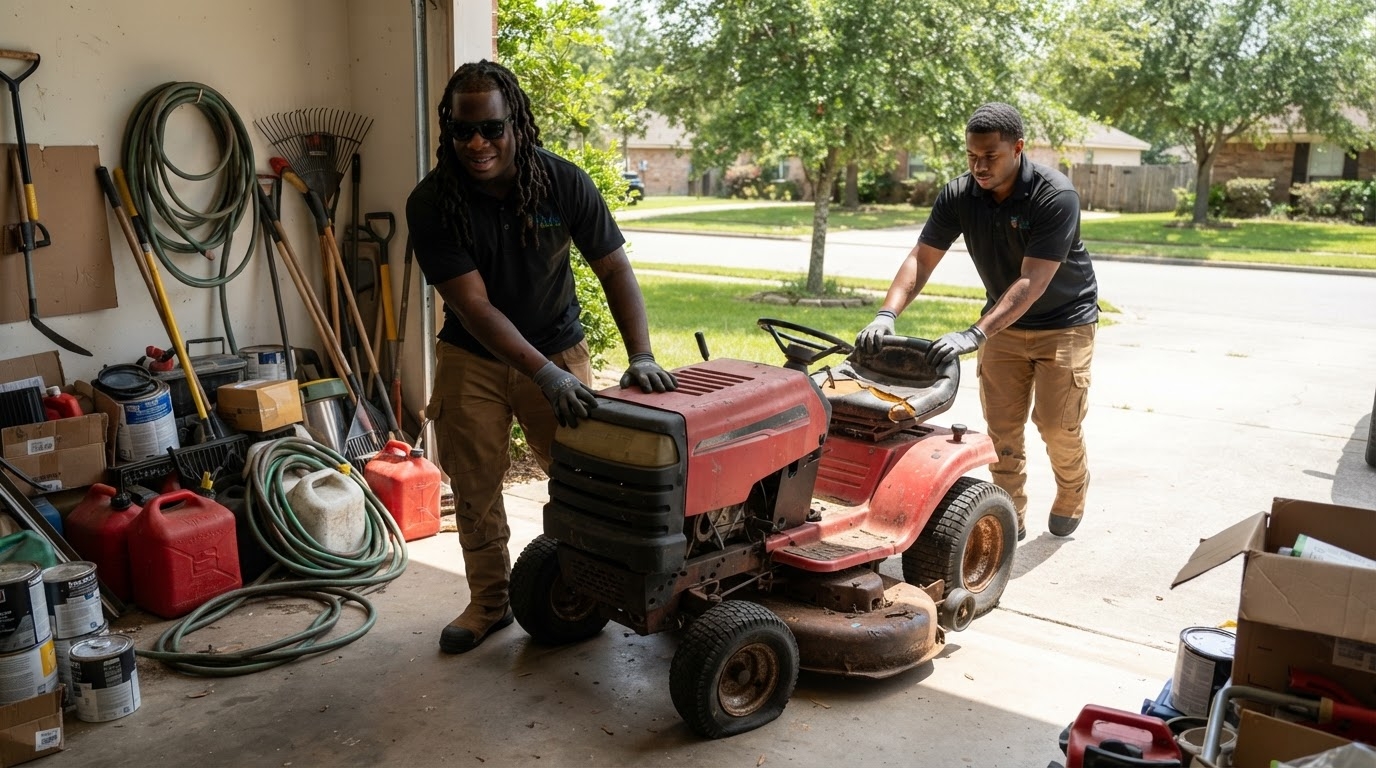 Junk Raider crew handling riding mower removal in Charlotte, NC